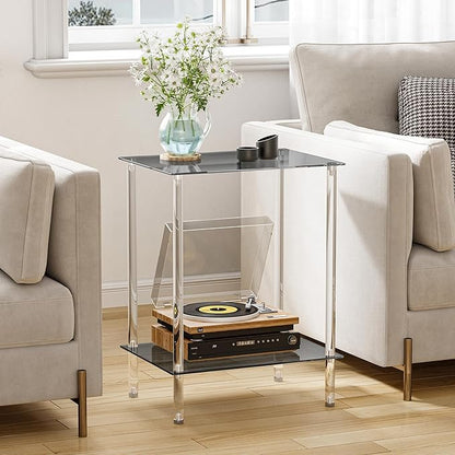 Tempered Glass Side Table, Acrylic End Table, 2-Tier Transparent Nightstand, Clear Coffee Table, for Small Spaces Living Room Bedroom Balcony Black LET518BK