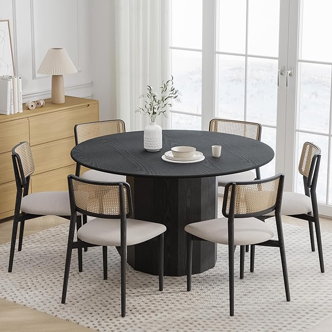 Casaphoria 52" Round Dining Table, Modern Wood Kitchen Table with Cylinder Polygonal Base for Living Room & Dining Room, Easy Assembly Farmhouse Furniture for 4-6, Black