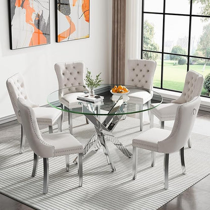 Henf 47.24" Glass Round Dining Table for 4-6 People, Silver Metal Legs,Round Glass Dining Room Table for Small Space, Easy Assembly Circular Side Desk