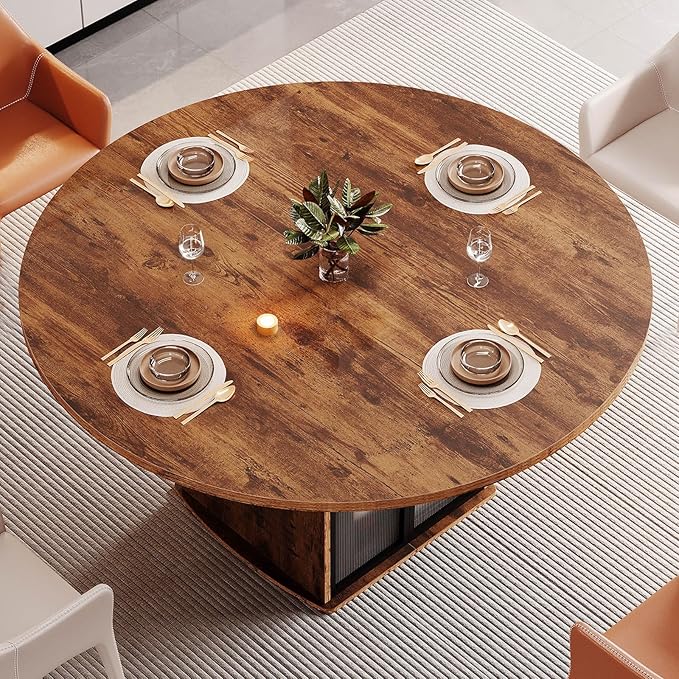 IBF Round Dining Table with Storage, Wood Kitchen Table with Fridge Space, Rustic Circle Dining Room Tables for 4-6, Farmhouse Circular Dinner Tables for Home, Rustic Brown, 47 Inch, Only Table