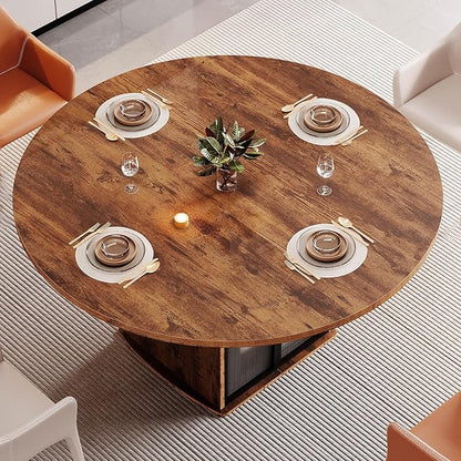IBF Round Dining Table with Storage, Wood Kitchen Table with Fridge Space, Rustic Circle Dining Room Tables for 4-6, Farmhouse Circular Dinner Tables for Home, Rustic Brown, 47 Inch, Only Table