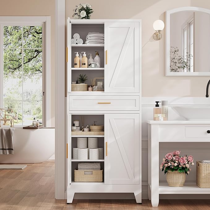 71“H Metal Kitchen Pantry Cabinet with Drawers,White Kitchen Pantry Cabinets,Tall Food Storage Cabinets,Free Standing Pantry Cabinet with 4 Doors,Farmhouse Pantry Cabinets