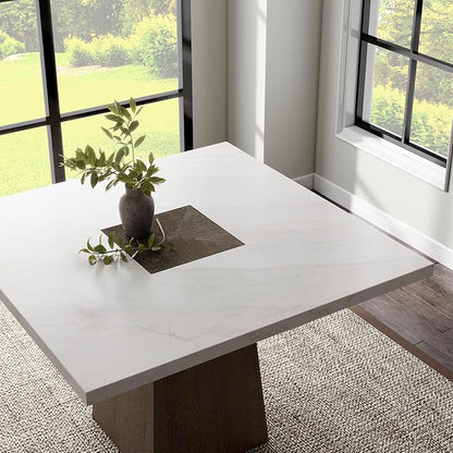 Furniture of America Rafferty Modern Solid Wood 54-inch Square Counter Height Dining Table with Genuine White Marble Tabletop and Tapered Pedestal Base, for Home Kitchen, Living Room, Dark Walnut