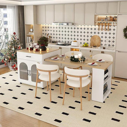 SOFTSEA Extendable Dining Table with Drawer & Shelves, 31.5" to 80" Mobile Kitchen Island Table with USB Ports, Foldable Kitchen Cabinet for Dining Room Living Room, White