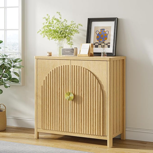 Sideboard Cabinet with Storage - 63” Large Kitchen Buffet Table, Adjustable Shelf & 4 Fluted Doors Farmhouse Coffee Bar for Living Room Dining Room Entryway, Wood