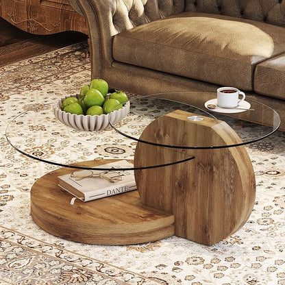 Glass Coffee Table, Modern Round Glass Coffee Table with Wooden Base, 3 Tier Round Coffee Table, Clear Cocktail Table with Storage for Living Room, Office, Balcony (42″ Wood)