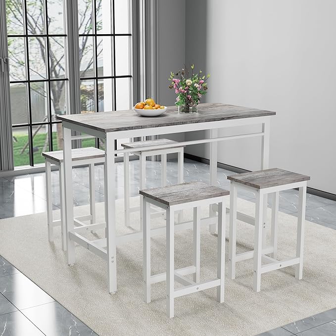 5-Piece Bar Height Table and Chairs Set – Modern Kitchen Table with 4 Bar Stools, Compact Dining Table Chairs Set,Perfect for Kitchen Island with Seating,Dining Table with Chairs (Grey)