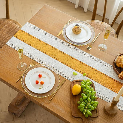 FEXIA Boho Table Runner for Fall Home Decor with Tassels 72 Inches Long Farmhouse Yellow Rustic Table Runner Macrame Burlap Table Decoration for Living Room Bridal Shower(12x72 Inches)