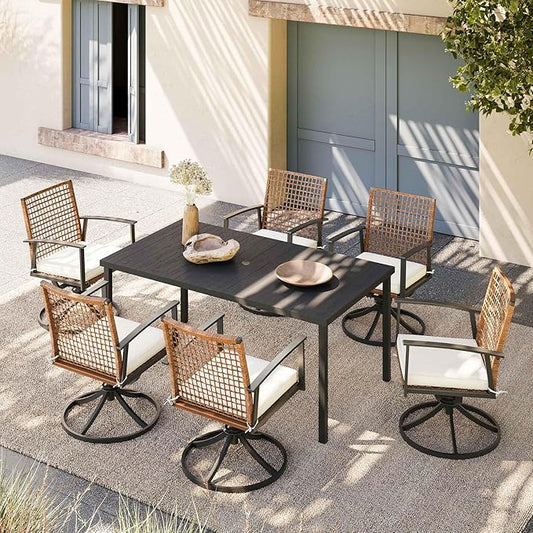 LAUSAINT HOME 7 Pieces Patio Dining Set, Outdoor Furniture Set of 6 Swivel Chairs with Soft Cushion and Iron Slats Table Top with Umbrella Hole, Conversation Set for Backyard