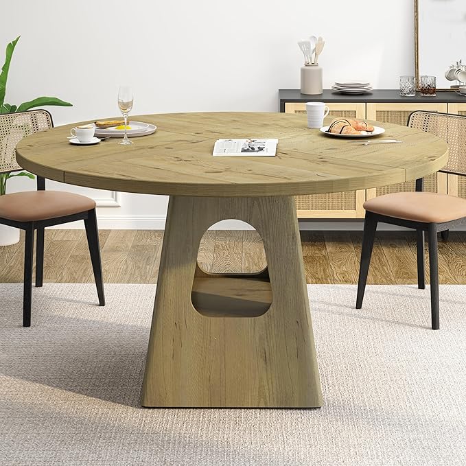 47" Round Rustic Dining Table, Kitchen Table with Storage Base, Dinner Tables with Solid Wood Frame for Home & Dining Areas, Natural