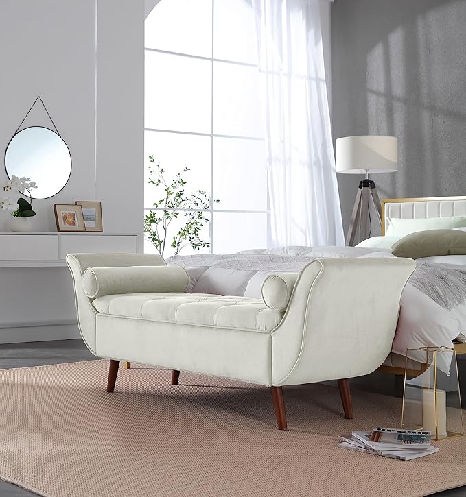 Modern Ottoman Bench with Storage, Upholstered Footstool for Bedroom Living Room Hallway, Bedside Pouf Toy Storage Ottoman Footrest, Versatile Storage Chest Bench Seat,Beige-Velvet