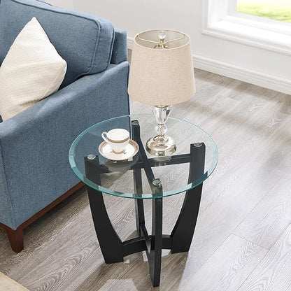 23.5" Round Side Tables, Small Space End Table with Tempered Glass Tabletop, Glass Coffee Table with Cross and Solid Wood Base, Small Night Stand for Living Room Black