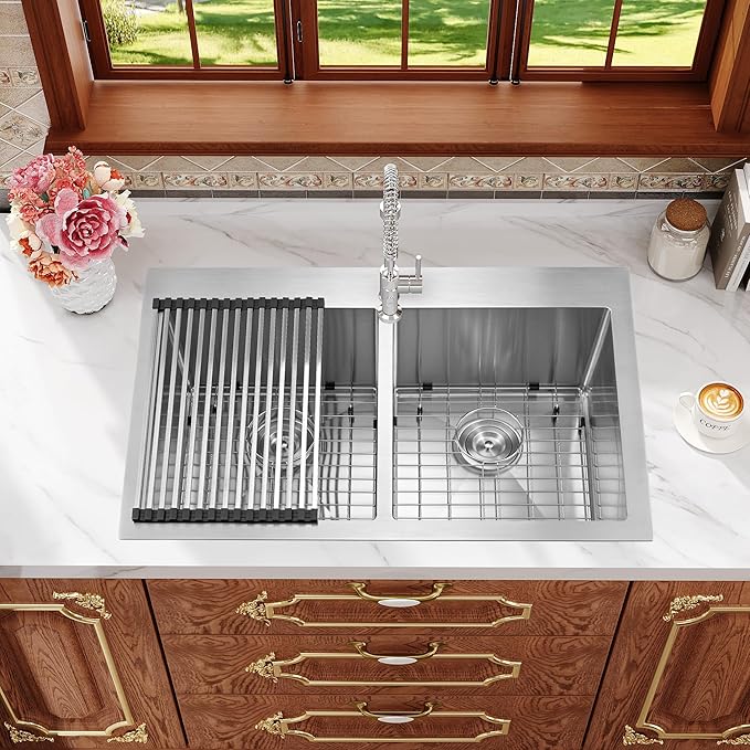 Rhbamoa Double Bowl Drop In Kitchen Sink 33x22,16-Gauge T304 Stainless Steel Topmount Kitchen Sink,50/50 Double Bowl Kitchen Sinks,Deep Sinks with All Accessories, Brushed Finish