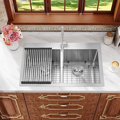 Rhbamoa Double Bowl Drop In Kitchen Sink 33x22,16-Gauge T304 Stainless Steel Topmount Kitchen Sink,50/50 Double Bowl Kitchen Sinks,Deep Sinks with All Accessories, Brushed Finish