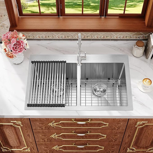 Rhbamoa Double Bowl Drop In Kitchen Sink 33x22,16-Gauge T304 Stainless Steel Topmount Kitchen Sink,50/50 Double Bowl Kitchen Sinks,Deep Sinks with All Accessories, Brushed Finish