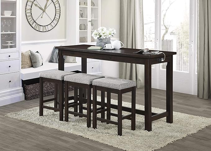 Lexicon Oreille Bar Table with Stools Set, Modern Console Table with Stools - 4-Piece Set with 2 USB Ports & A/C Power Outlets, Counter Height, Discrete Drawer, Perfect Dining Room & Kitchen Espresso