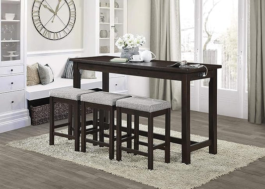 Lexicon Oreille Bar Table with Stools Set, Modern Console Table with Stools - 4-Piece Set with 2 USB Ports & A/C Power Outlets, Counter Height, Discrete Drawer, Perfect Dining Room & Kitchen Espresso