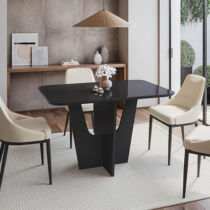 Modern Painted Glass Dining Table for 4 with Tempered Glass Top and Contemporary Wood Base, Elegant and Compact Italian-Style Design for Dining Rooms, Black