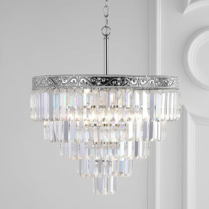 JONATHAN Y 20" Polished Nickel/Clear 4-Light LED Chandelier, Modern Tiered Pendant Light Fixture for Dining Room, Bedroom, Entryway with Clear Faceted Crystal Shade (JYL9007A)