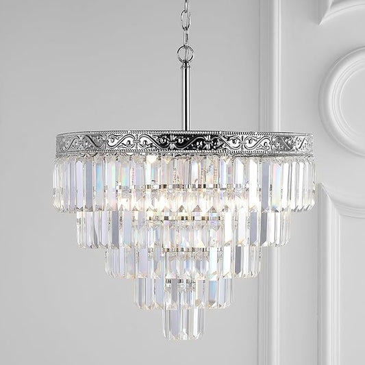 JONATHAN Y 20" Polished Nickel/Clear 4-Light LED Chandelier, Modern Tiered Pendant Light Fixture for Dining Room, Bedroom, Entryway with Clear Faceted Crystal Shade (JYL9007A)