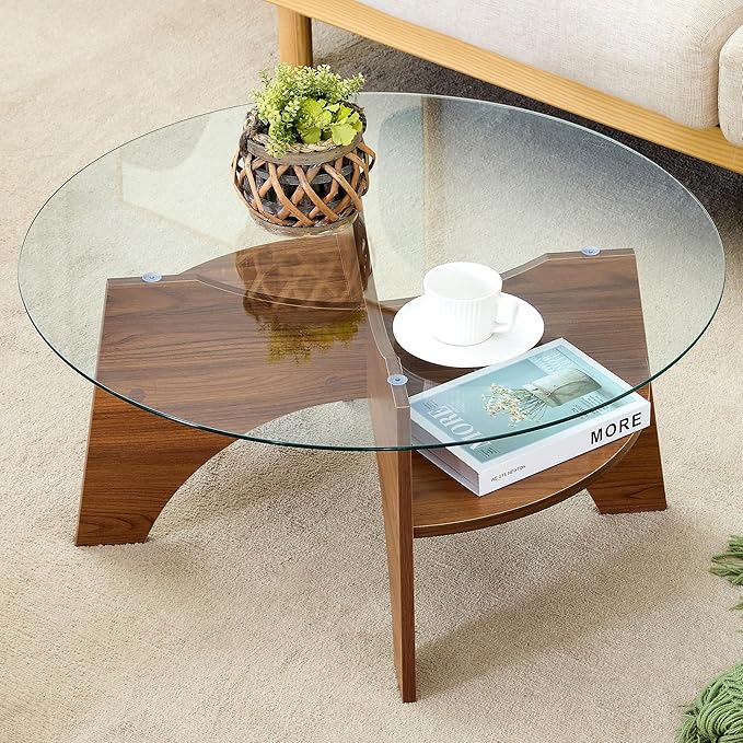 Round Coffee Tables, 31.5" Simple Glass Coffee Table with Tempered Glass Top and MDF Base, Diagonal Fan-Shaped Tray Design Table Leg Modern Center Table for Living Room Walnut
