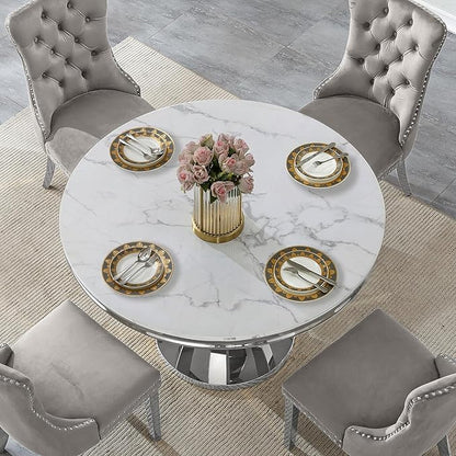 Round Marble Dining Table for 4 6，Modern 45" White Silver Kitchen Table with Faux Marble Top & Diamond Design Pedestal Base, American-Style Round Dining Room Dinner Table,Home Kitchen Furniture