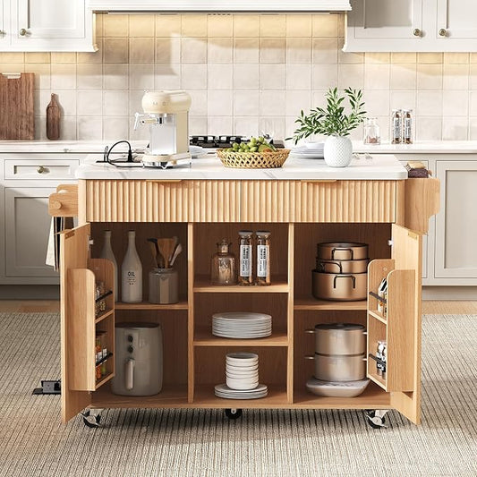 Merax Farmhouse 52 inch Rolling Kitchen Island on Wheels with Drop Leaf Table & Power Outlet, Wood Fluted Kitchen Cart on Wheels with Faux Marble Top, 2 Drawers & Cabinets, 52" Wide Natural