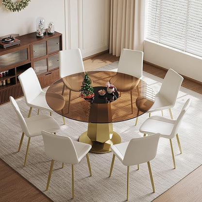 53" Brown Glass Round Dining Table for 4-8 People, Modern Kitchen Table with Smoked Tempered Glass Top & Gold Stainless Steel Base, Easy Assembly, for Dining Room & Kitchen