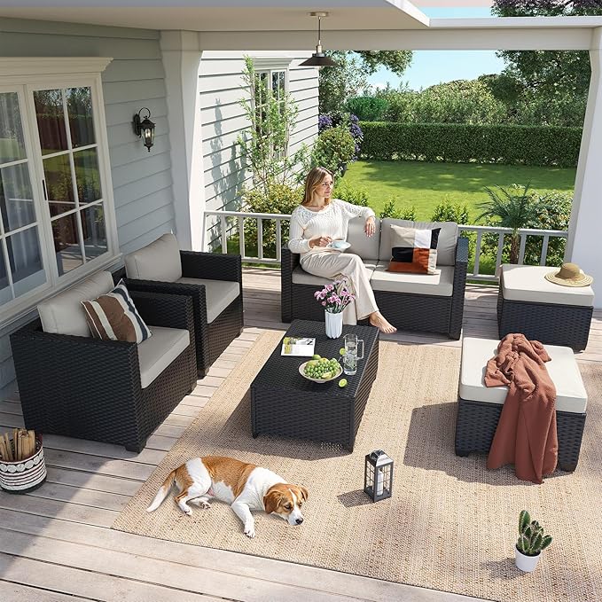 Aoxun 7 Piece Outdoor Patio Furniture Set 6 Seats, Outdoor Sectional with Thick Waterproof Cushions, Patio Conversation Sets for Garden,Backyard, Porch, Balcony, Deck, Black & Beige
