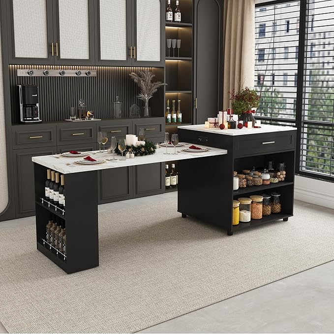 80" Expandable Kitchen Island with Dining Table, Marble Countertop & Power Outlet, Mobile Storage Cart with Cabinet & 2 Drawers, Black Kitchen Prep Table