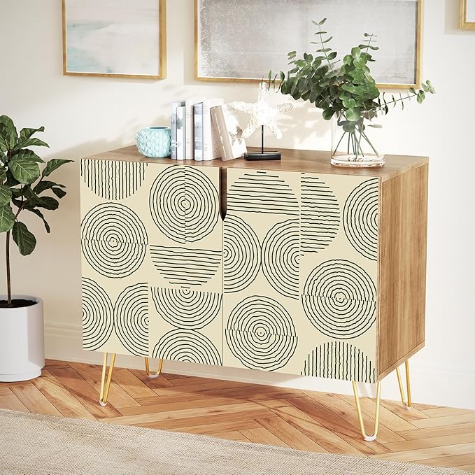 SIGNWIN Sideboard Buffet Cabinet, Kitchen Storage Cabinet with 2 Doors, Black & White Duotone Circle Polygons, Cupboard Console Table for Dining Room - 35" L x 18" W x 29" H