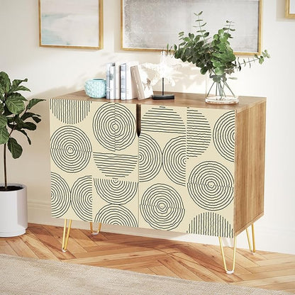 SIGNWIN Sideboard Buffet Cabinet, Kitchen Storage Cabinet with 2 Doors, Black & White Duotone Circle Polygons, Cupboard Console Table for Dining Room - 35" L x 18" W x 29" H