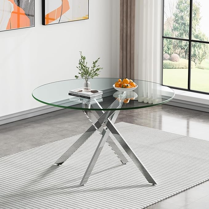 Round Dining Table, 47 Inch Glass Kitchen Table for 4-6 People, Tempered Glass Dinner Room Table with Silver X Metal Legs, Modern Circle Coffee Table for Home Dining Room Kitchen Restaurant