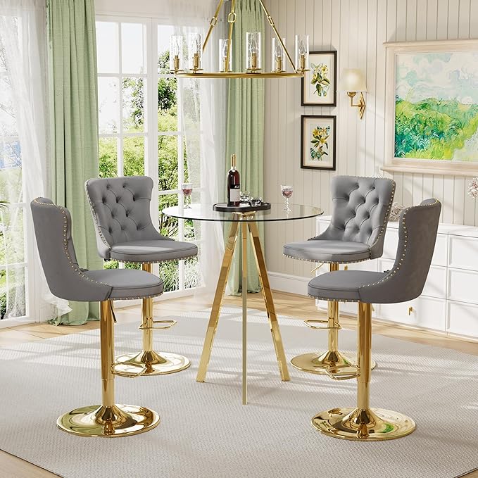 31.5'' Glass Round Bar Table with Stools Set for 4, Modern High Top Pub Table & 4 Adjustable Metal Bar Stool Velvet Swivel Counter Height Bars Chairs (Gold Metal Legs, Clear Top + Grey Chair)
