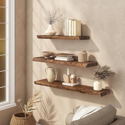 Live Edge Floating Shelves Set of 2, 32 Inch Solid Elm Wood Wall Shelves - Invisible Bracket Mount for Living Room, Bedroom, Kitchen, Bathroom | Vintage Rustic Decor