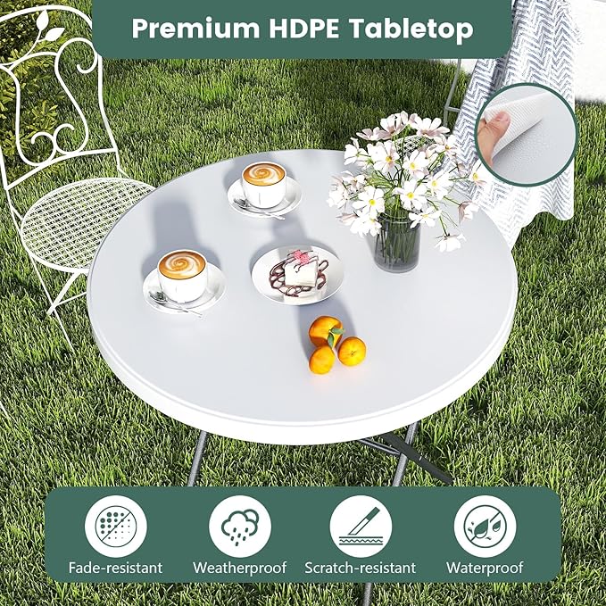 Tangkula 32" Round Folding Table, Portable Picnic Table with All-Weather HDPE Tabletop, Heavy-Duty Metal Frame, Heavy Duty Plastic Outdoor Table for Camping, Dining, BBQ, Party, No Assembly Needed