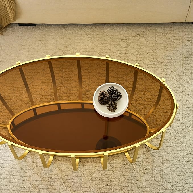 Saint Mossi Glass Oavl Coffee Table for Living Room, Mid Century Modern 2-Tier Gold Center Table, Brown Glass Top and Brown Mirror Shelf with Gold Finish Legs & Frame, D42xW23xH16