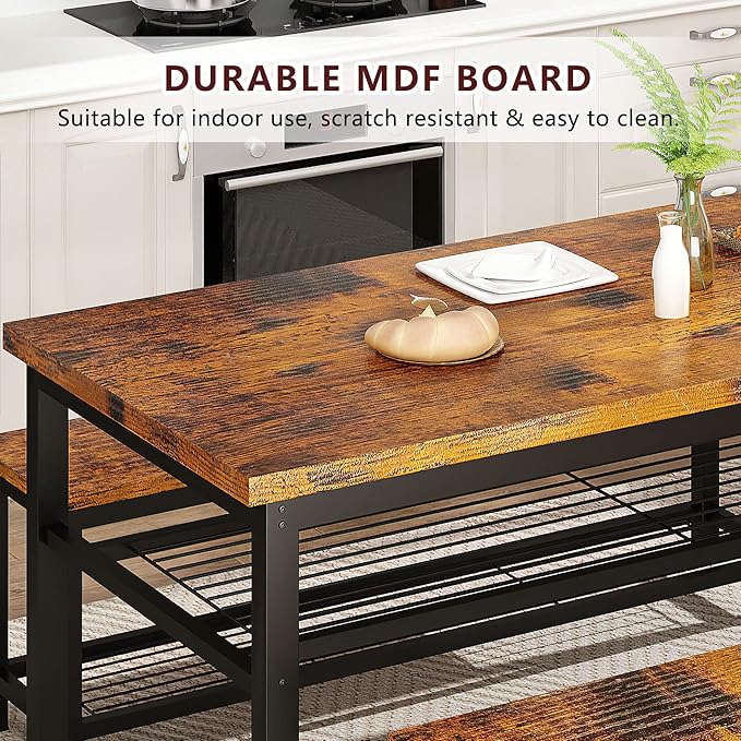 AWQM 43.3" Dining Table Set for 4, Kitchen Dining Table with 2 Benches, Dining Room Table Set with Metal Frame & Storage Rack for Kitchen, Restaurant, Rustic Brown