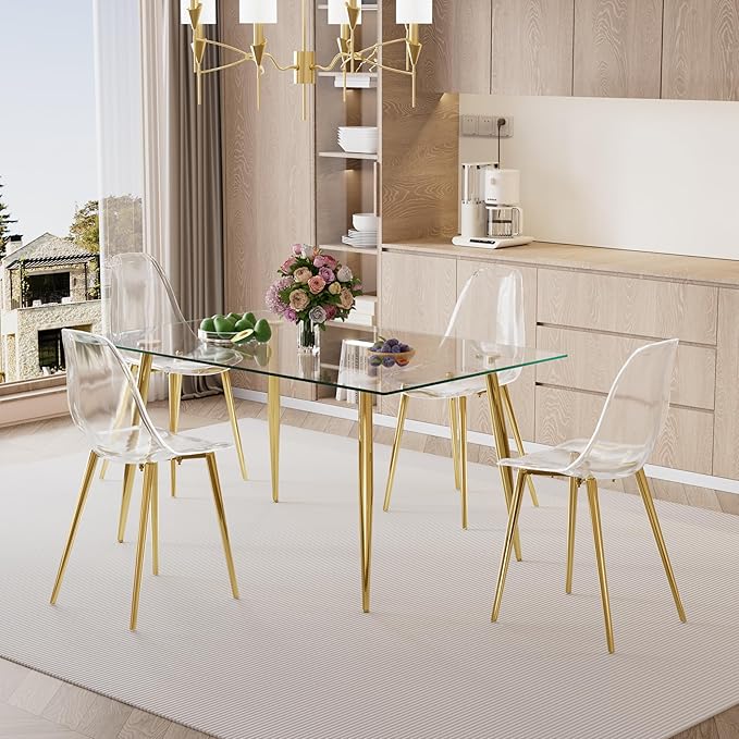 Glass Dining Table for 4 with 51 inch Clear Tempered Glass Top, 0.31" Modern Rectangular Glass Kitchen Table Furniture with 4 Golden Plating Metal Legs for Home Kitchen Room