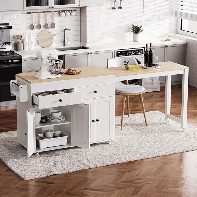 74.5" inch Rolling Kitchen Island with Extendable Dining Table with Extendable Dining Table for 2-4 with Spice Rack and 2 Drawers, Kitchen Storage with 4 Door Cabinet (White)