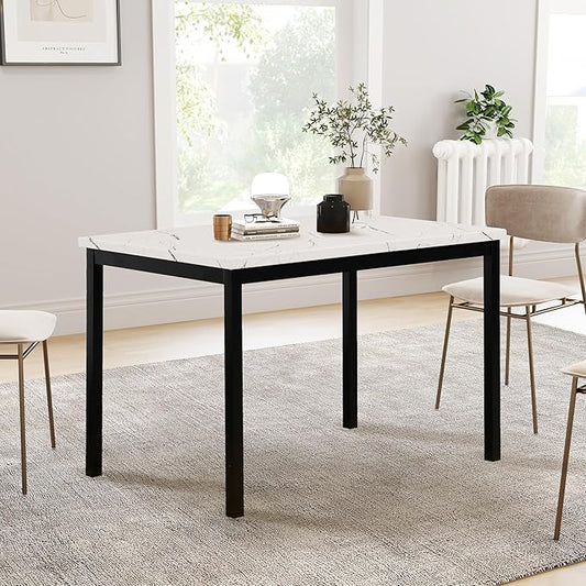 Roundhill Furniture Noyes Metal Dining Table with Laminated Faux Marble Top, Off-White