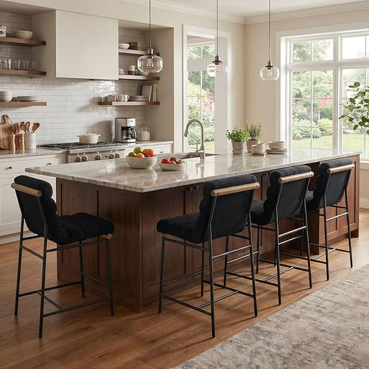 Black Linen Bar stools Set of 4, 25” Modern Upholstered Counter stools with Black Metal Legs, Armless Counter Height Chairs with Channel Tufted Back for Kitchen Island Home Pub