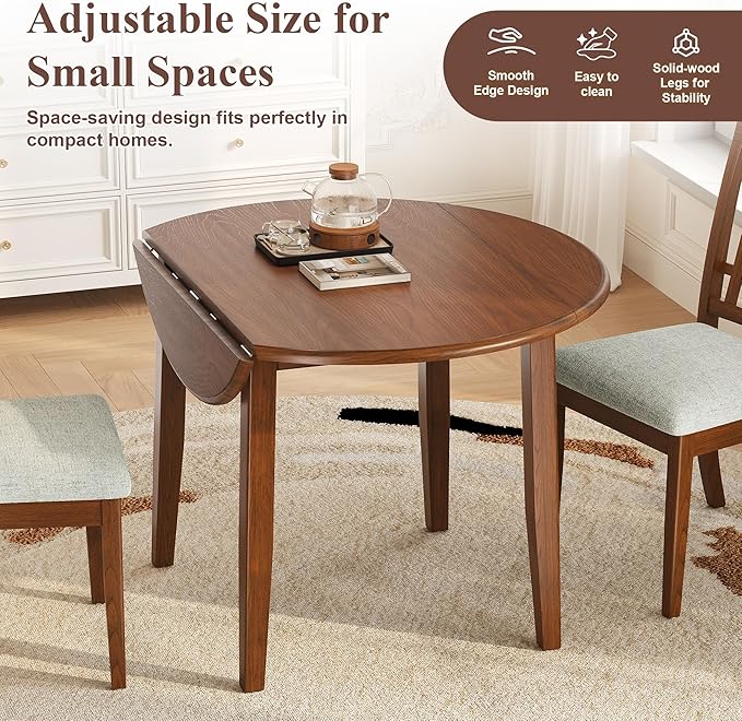 Merax 3-Piece Drop Leaf Round Dining Table Set for 2, Farmhouse Kitchen Table Set with Extendable Round Table and 2 Upholstered Chairs. Wood Table and Chairs Set for Dining Room, Living Room, Brown