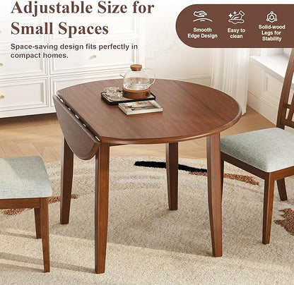 Merax 3-Piece Drop Leaf Round Dining Table Set for 2, Farmhouse Kitchen Table Set with Extendable Round Table and 2 Upholstered Chairs. Wood Table and Chairs Set for Dining Room, Living Room, Brown