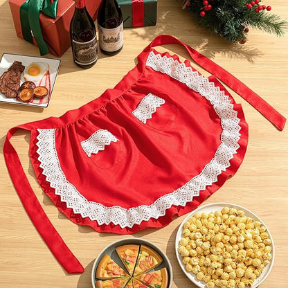 Geyoga Valentine Red Waist Aprons for Women with Pockets Kitchen Waitress Maid Apron Vintage Skirt Cute Ruffle Dress Costume