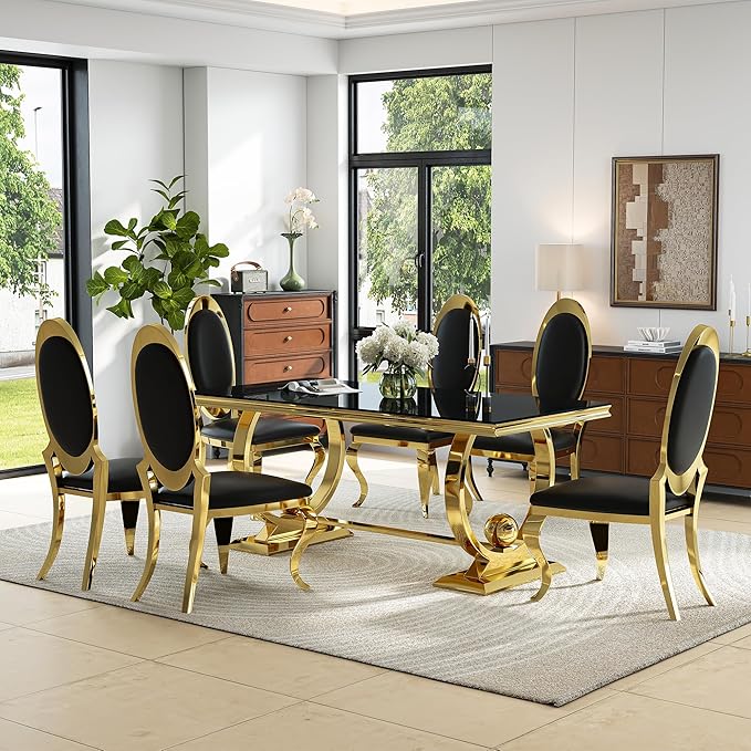 7-Piece Modern Luxury Dining Table Set, 70" Black Tempered Glass Kitchen Table with Gold Polished Stainless Steel U-Shaped Pedestal Base and 6 Black Oval High-Back PU Leather Chairs for Dining Room