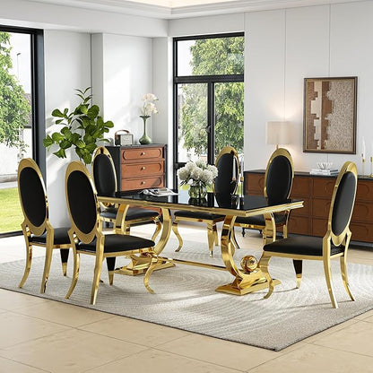 7-Piece Modern Luxury Dining Table Set, 70" Black Tempered Glass Kitchen Table with Gold Polished Stainless Steel U-Shaped Pedestal Base and 6 Black Oval High-Back PU Leather Chairs for Dining Room