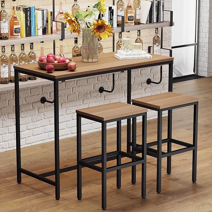 Yongchuang 3 Piece Bar Table Set, Bar Table and Chairs Set of 2, Modern Counter Height Table with 2 Stools for Kitchen, Dining Room, Living Room Breakfast Table Industrial Brown Wood Top