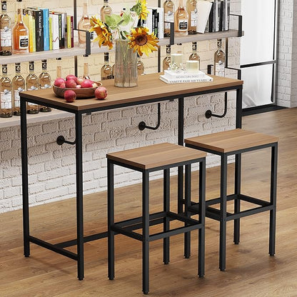 Yongchuang 3 Piece Bar Table Set, Bar Table and Chairs Set of 2, Modern Counter Height Table with 2 Stools for Kitchen, Dining Room, Living Room Breakfast Table Industrial Brown Wood Top