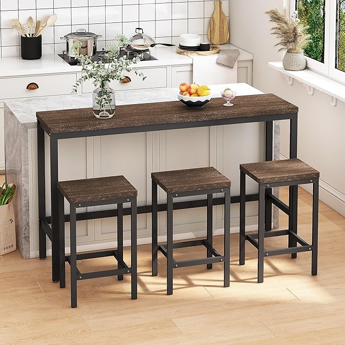 Merax Modern Design 4-Piece Counter Height Extra Long Dining Table Set with 3 Stools and Side Table with Footrest,Space-Saving Pub Kitchen Set,Easy Assembly,Dark Brown